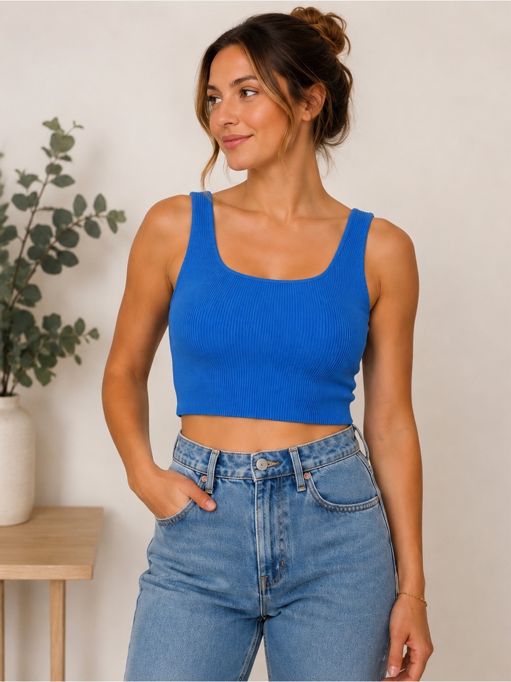 House of Harlow 1960 Electric Blue Ribbed Crop Tank Top Stretch Y2K